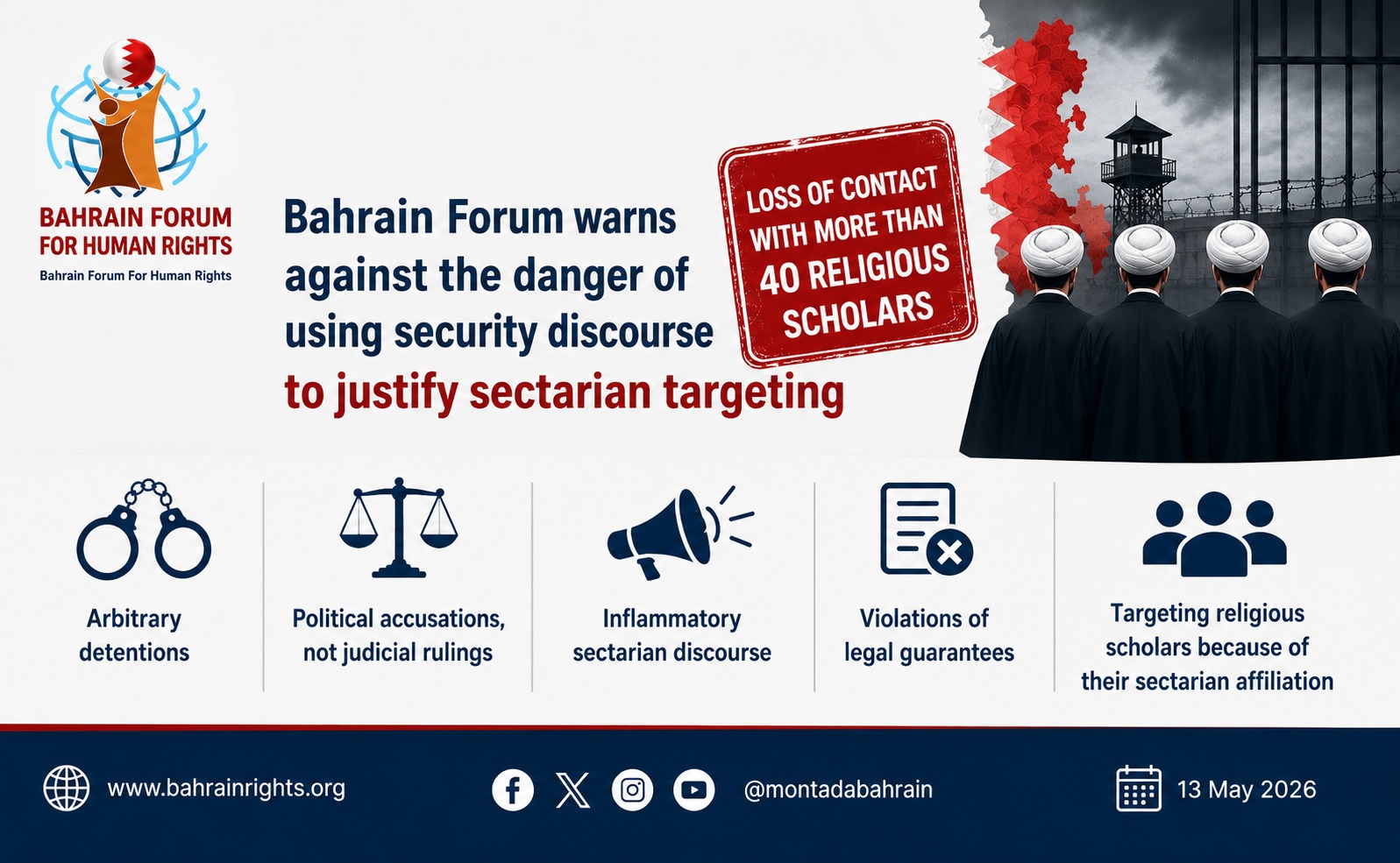 Amid loss of contact with more than 40 religious scholars following their detention, BFHR warns against the danger of using security discourse to justify sectarian targeting